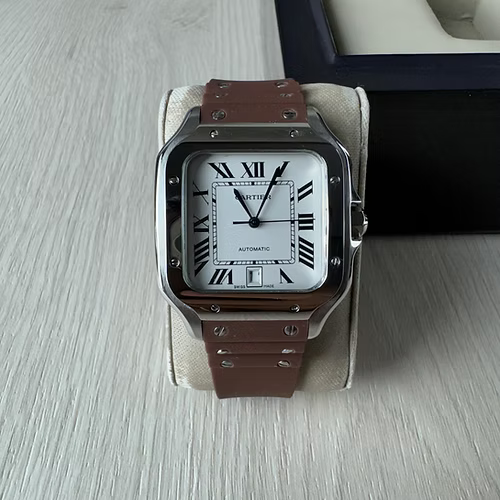 CARTIER SANTOS PRATA MARROM 40MM X 47MM