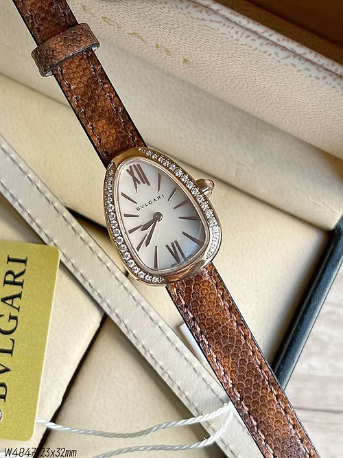 BVLGARI SERPENTE PRATA BRANCO COURO MARROM BRILHANTE 23MM X 32MM FEMININO