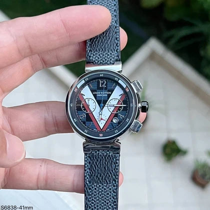 LOUIS VUITTON TAMBOUR PRATA PRETO COURO 41MM