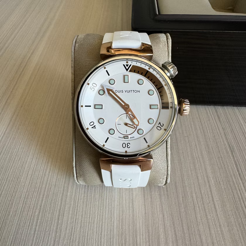 LOUIS VUITTON TAMBOUR PRATA ROSE BRANCO BORRACHA 41MM