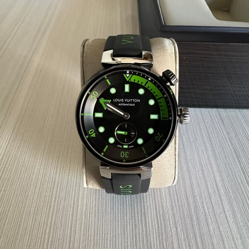 LOUIS VUITTON TAMBOUR PRETO VERDE BORRACHA 41MM