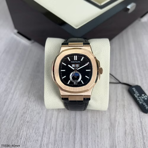 PATEK PHILIPPE NAUTILUS ROSE PRETO COURO 40MM