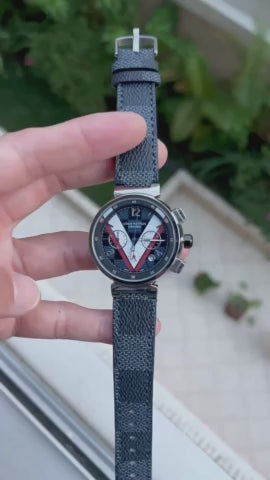 LOUIS VUITTON TAMBOUR PRATA PRETO COURO 41MM