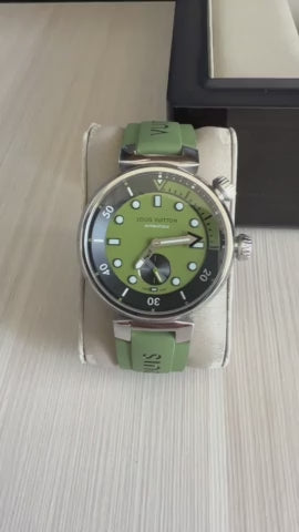 LOUIS VUITTON TAMBOUR PRATA VERDE BORRACHA 41MM