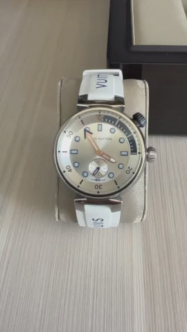 LOUIS VUITTON TAMBOUR PRATA BRANCO BORRACHA 41MM