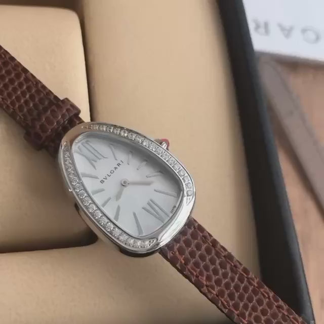 BVLGARI SERPENTE PRATA BRANCO COURO MARROM BRILHANTE 23MM X 32MM FEMININO