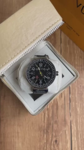 LOUIS VUITTON TAMBOUR PRATA PRETO COURO 41MM