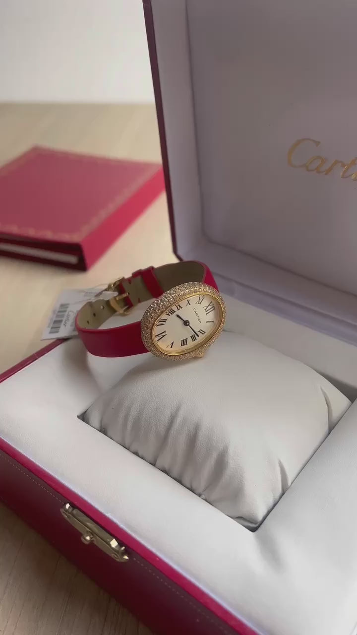 CARTIER BAIGNOIRE DOURADO COURO BRILHANTES 32MM FEMININO